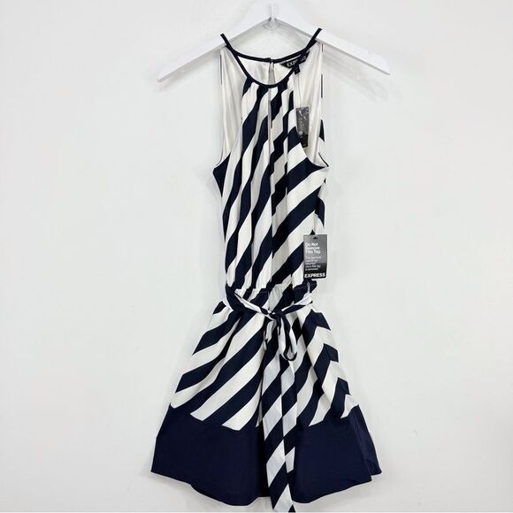 Express Navy Blue Cream Diagonal Stripe Sashed Nautical Coastal Halter Dress NEW - Picture 3 of 16